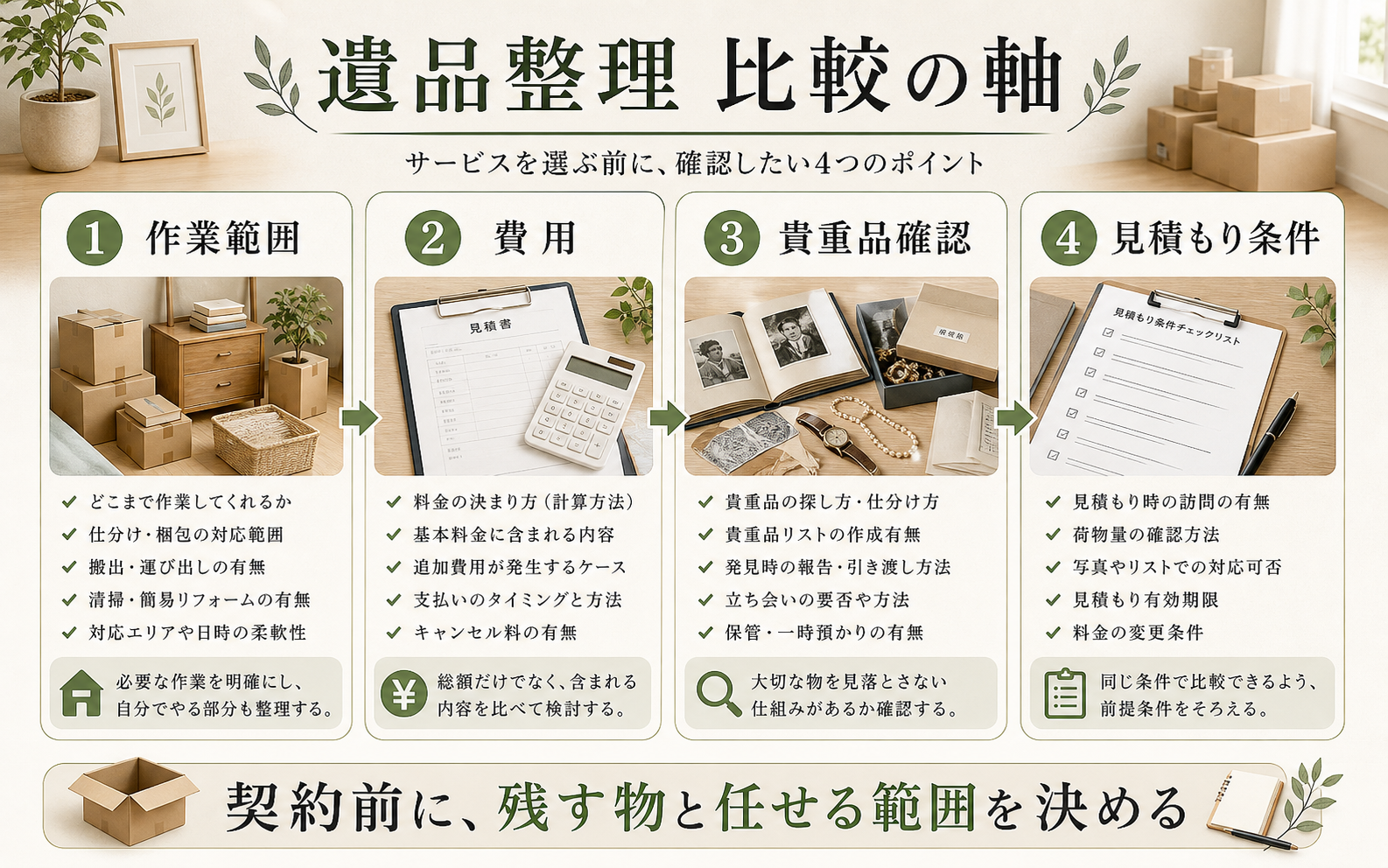 遺品整理サービスの作業範囲、費用、貴重品確認、見積もり条件を比較する図解