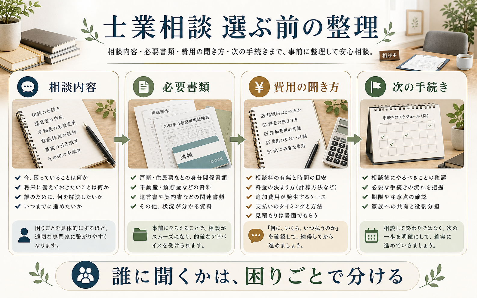 士業相談前に相談内容、必要書類、費用、次の手続きを整理する図解