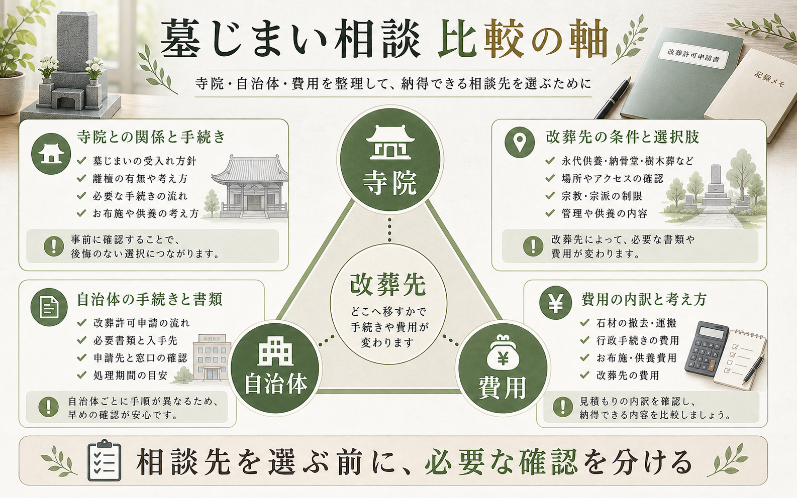 墓じまい相談で寺院、自治体、費用、改葬先を比較する図解
