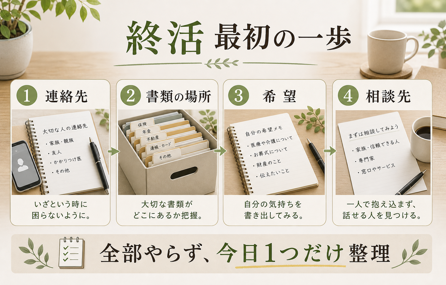 終活で連絡先、書類の場所、希望、相談先を整理する図解