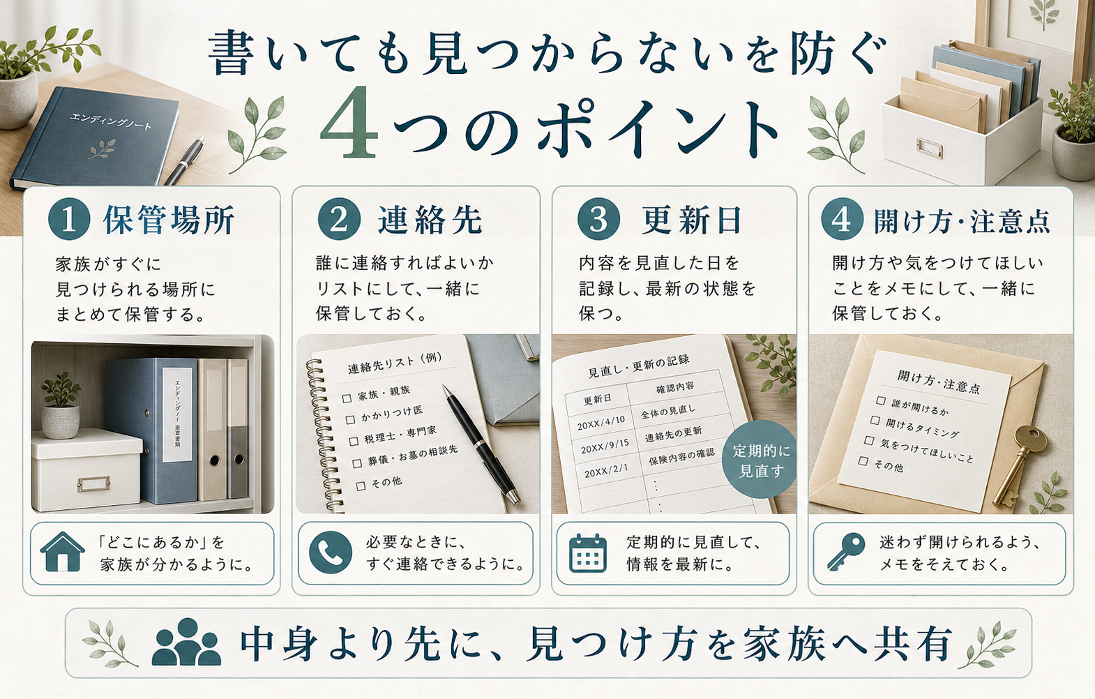 エンディングノートの保管場所、連絡先、更新日、注意点を整理した図解