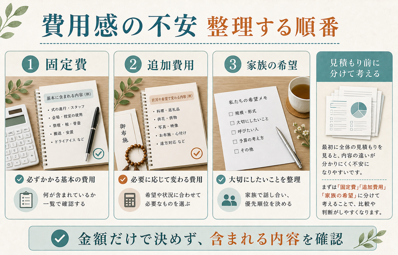 終活や葬儀の費用を固定費、追加費用、家族の希望に分ける図解