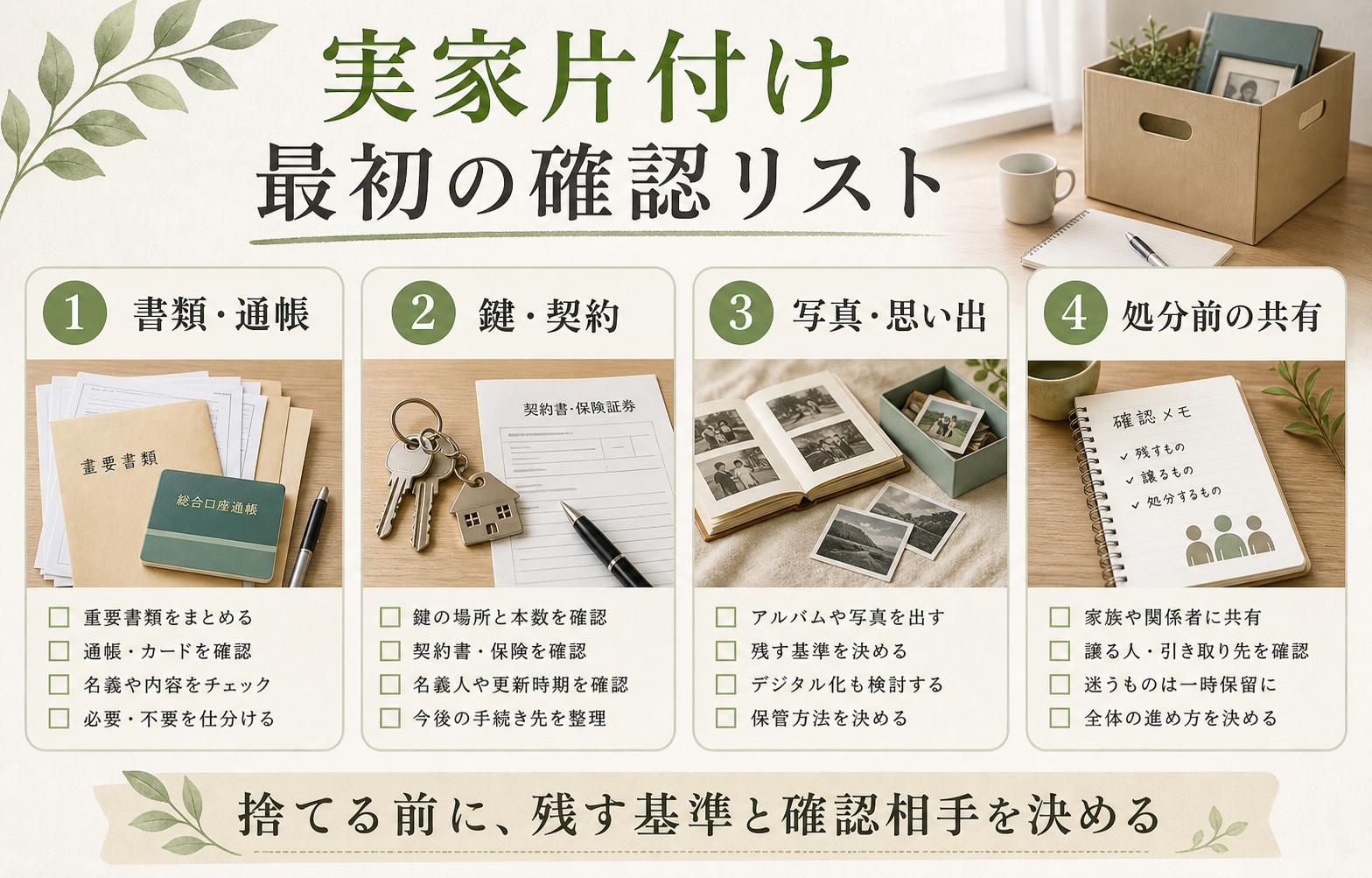 実家片付けで書類、鍵、契約、思い出の品を確認する図解