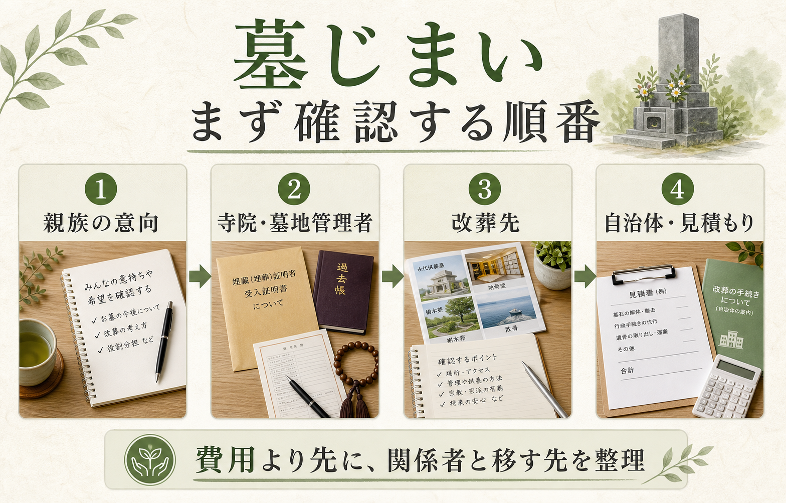 墓じまいで親族、寺院、改葬先、自治体の順に確認する図解