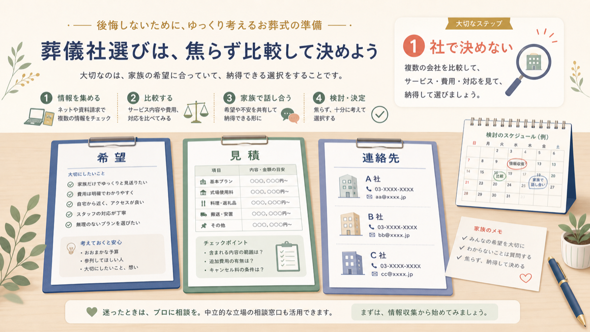 葬儀社選びで希望、見積、連絡先を分けて1社で決めないことを示す図解